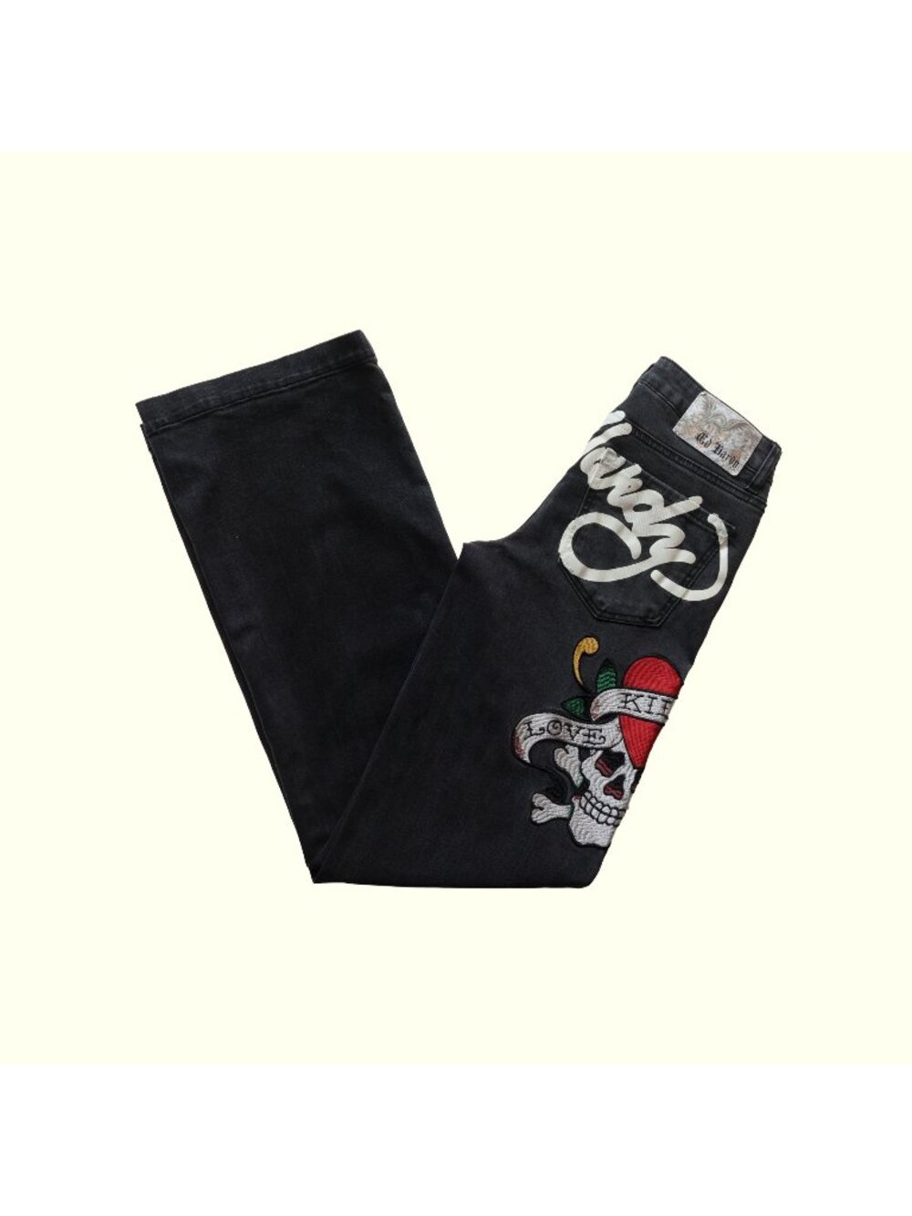 ED HARDY VTG RETRO 00s SKULL BLACK DENIM GRAPHIC JEANS BELL BOTTOM SZ 24 SM